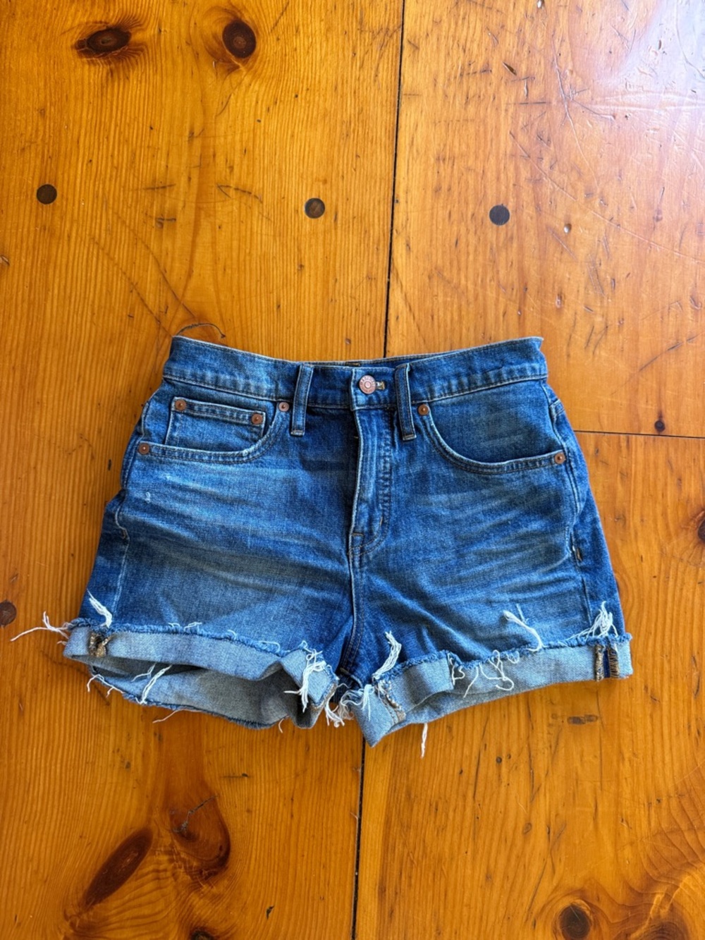 Madewell Distressed Mid-High Rise Blue Denim Cutoff Shorts
